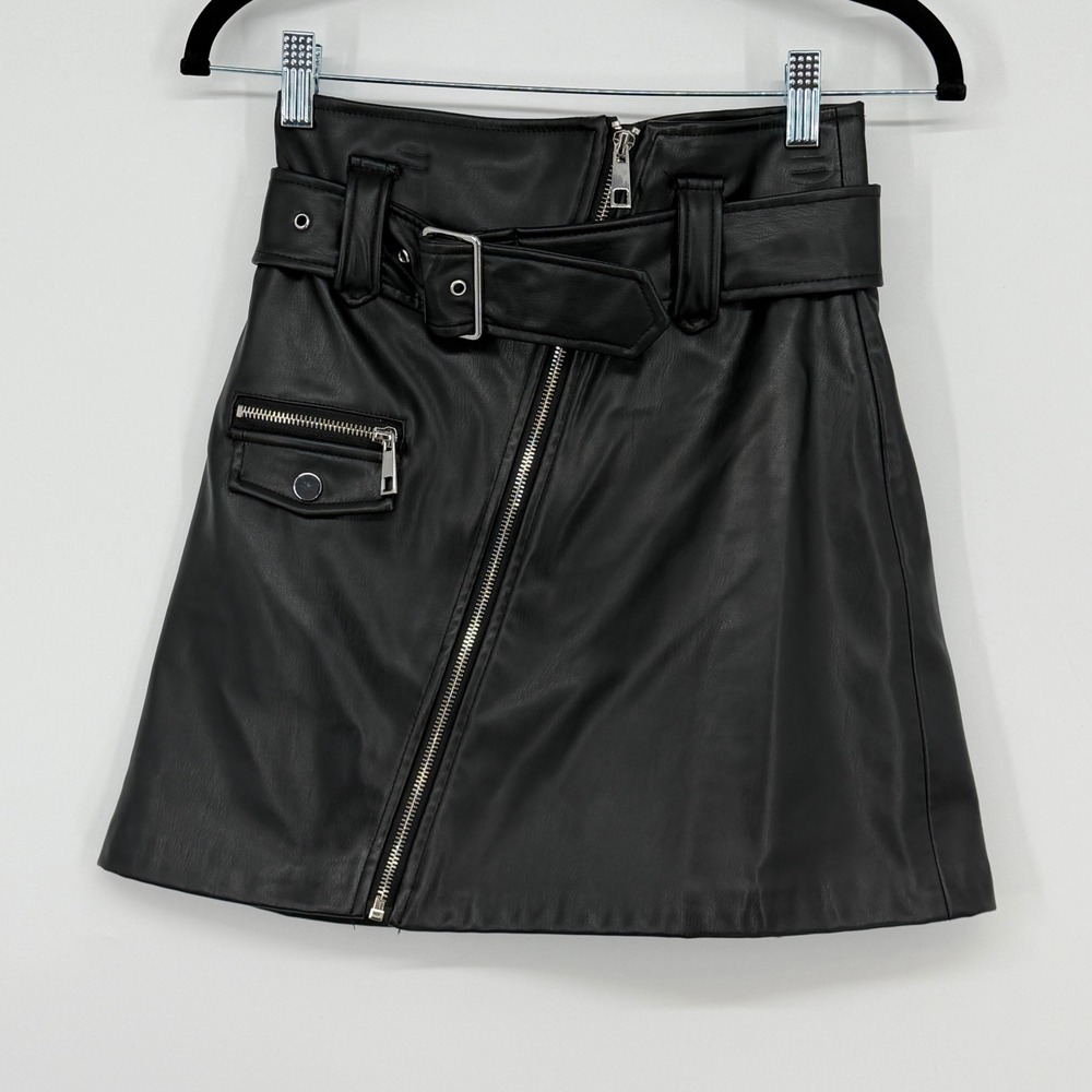 Zara Womens Black Faux Leather Moto Mini Skirt Belted Asymmetric Zip XS Biker